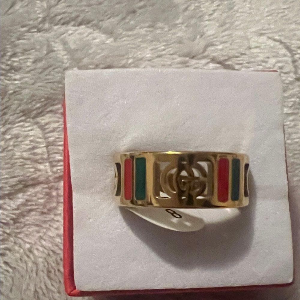 Fashion Jewelry Gold Tone Ring with Red, Green and Blue Enamel